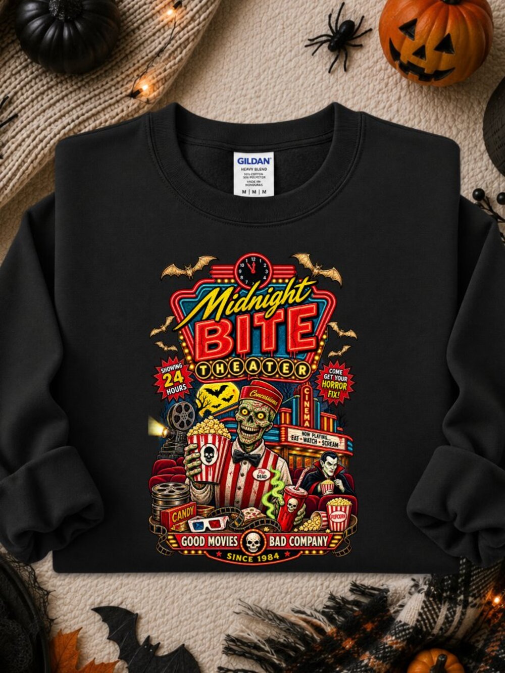 Midnight Bite Theater Sweatshirt Graphic Crewneck Halloween Horror Skeleton Gift